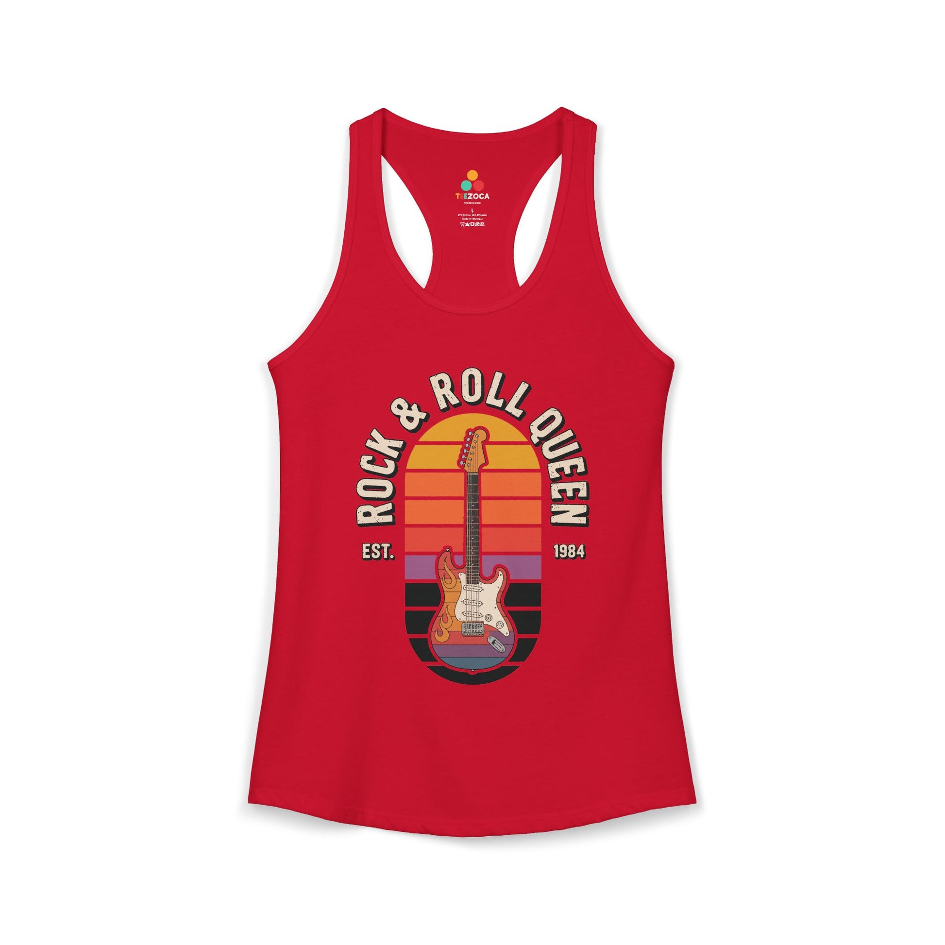 Red tank top with 'Rock & Roll Queen' graphic design on a white background