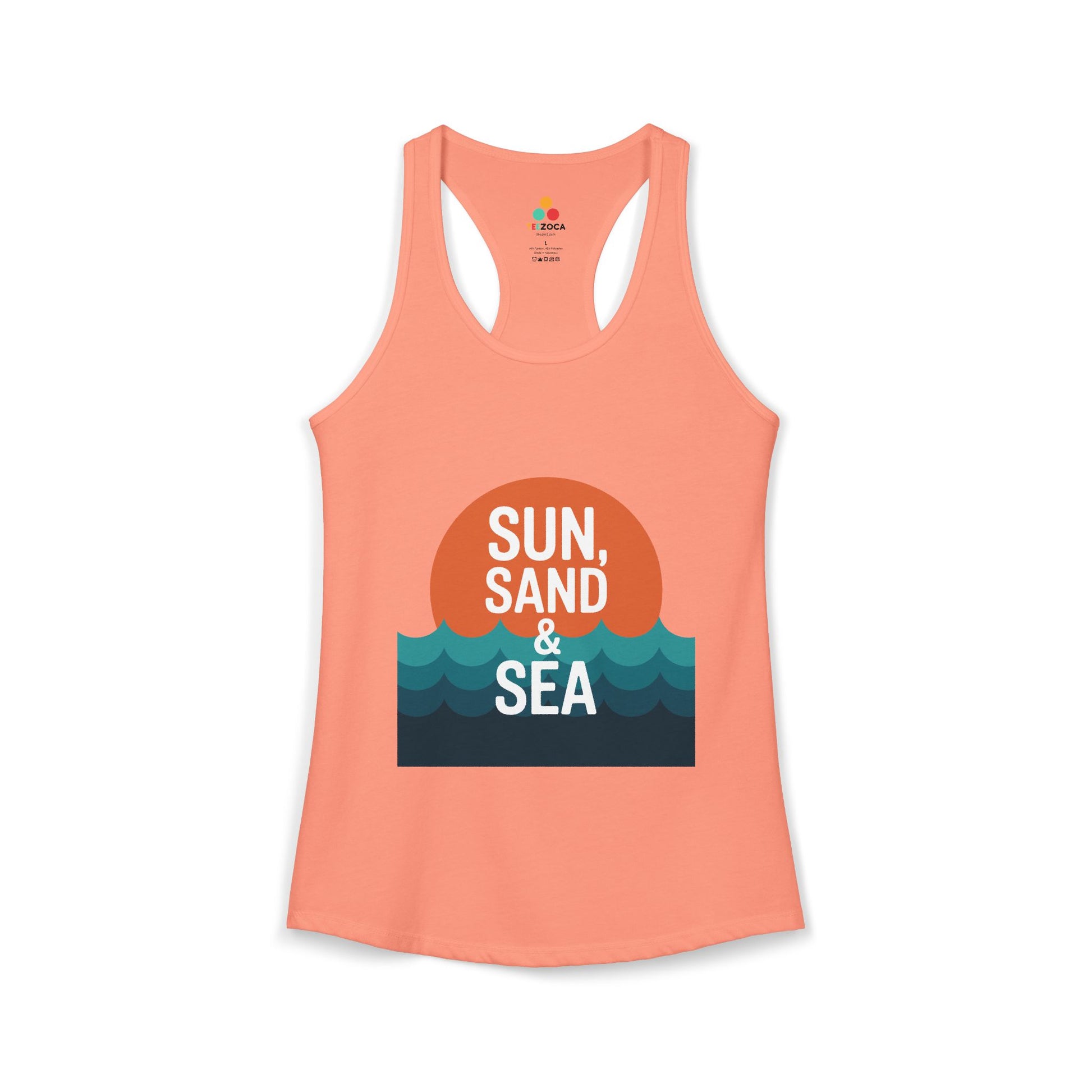 TEEZOCA women’s tank top featuring sun sand and sea summer graphic Peach-colored tank top with 'Sun, Sand & Sea' graphic on a white background