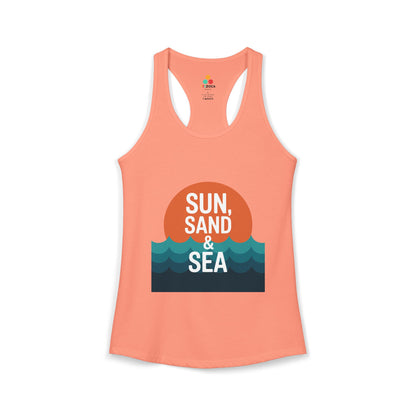 TEEZOCA women’s tank top featuring sun sand and sea summer graphic Peach-colored tank top with 'Sun, Sand & Sea' graphic on a white background