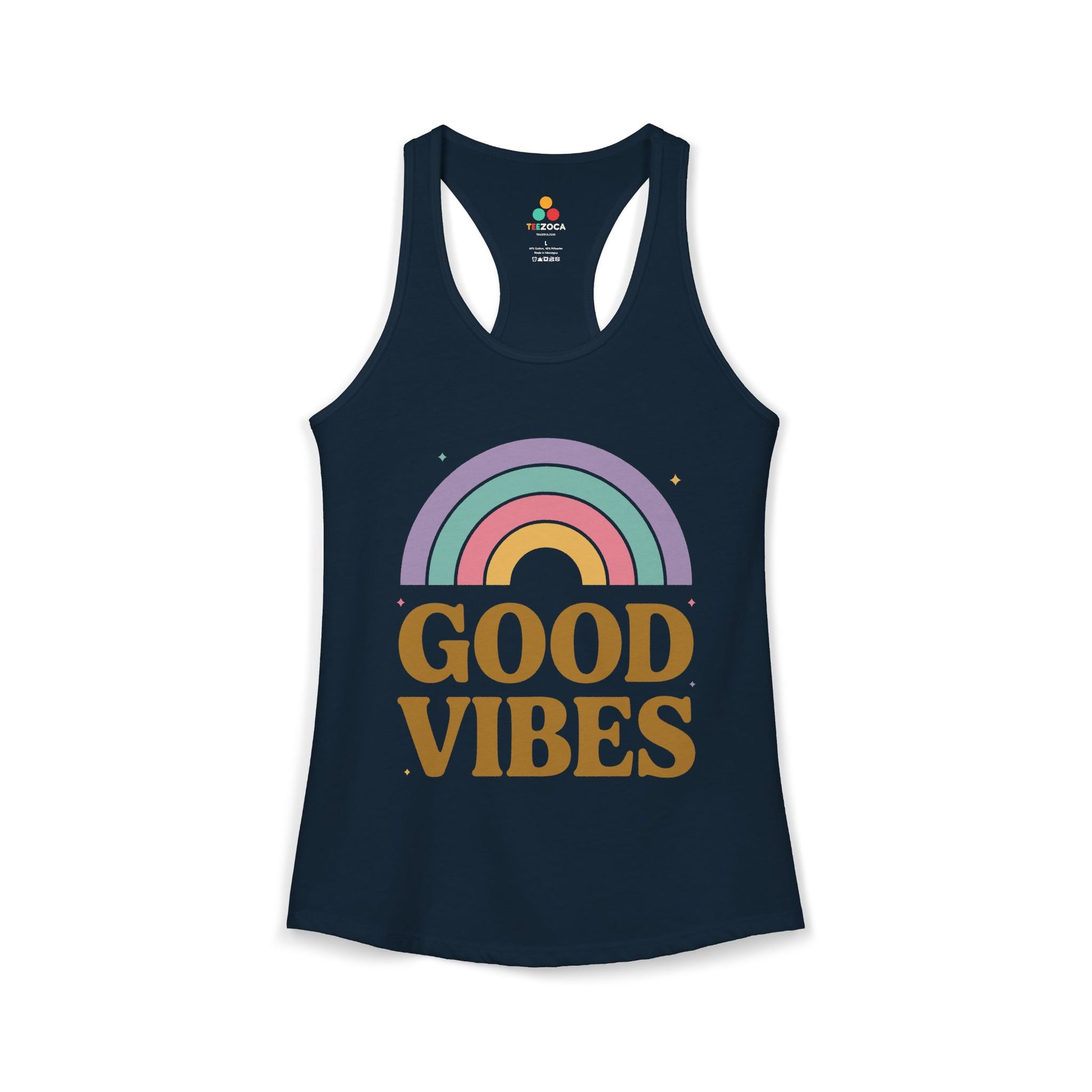 TEEZOCA women’s tank top good vibes colorful rainbow aesthetic Navy tank top with rainbow and 'Good Vibes' text on a white background