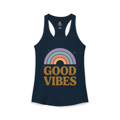 TEEZOCA women’s tank top good vibes colorful rainbow aesthetic Navy tank top with rainbow and 'Good Vibes' text on a white background