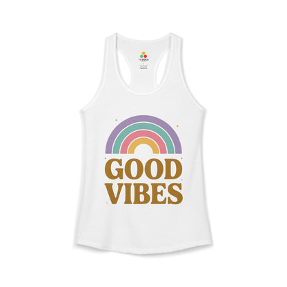TEEZOCA women’s tank top good vibes colorful rainbow aesthetic White tank top with a rainbow and 'Good Vibes' text on a white background