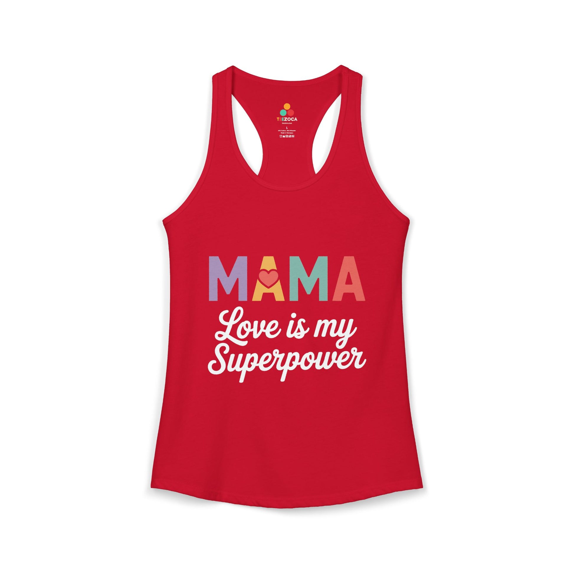 TEEZOCA women’s tank top mama love is my superpower heart design Red tank top with colorful text design on a white background