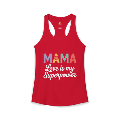 TEEZOCA women’s tank top mama love is my superpower heart design Red tank top with colorful text design on a white background