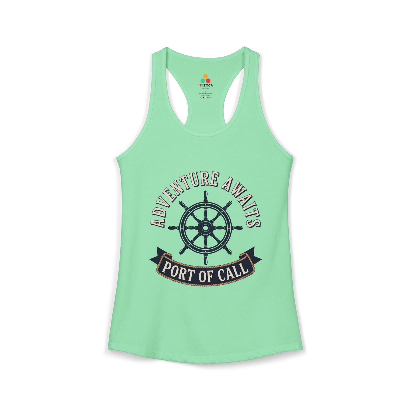 TEEZOCA women’s tank top nautical ship wheel adventure awaits travel theme Light green tank top with ship wheel graphic and text on a white background
