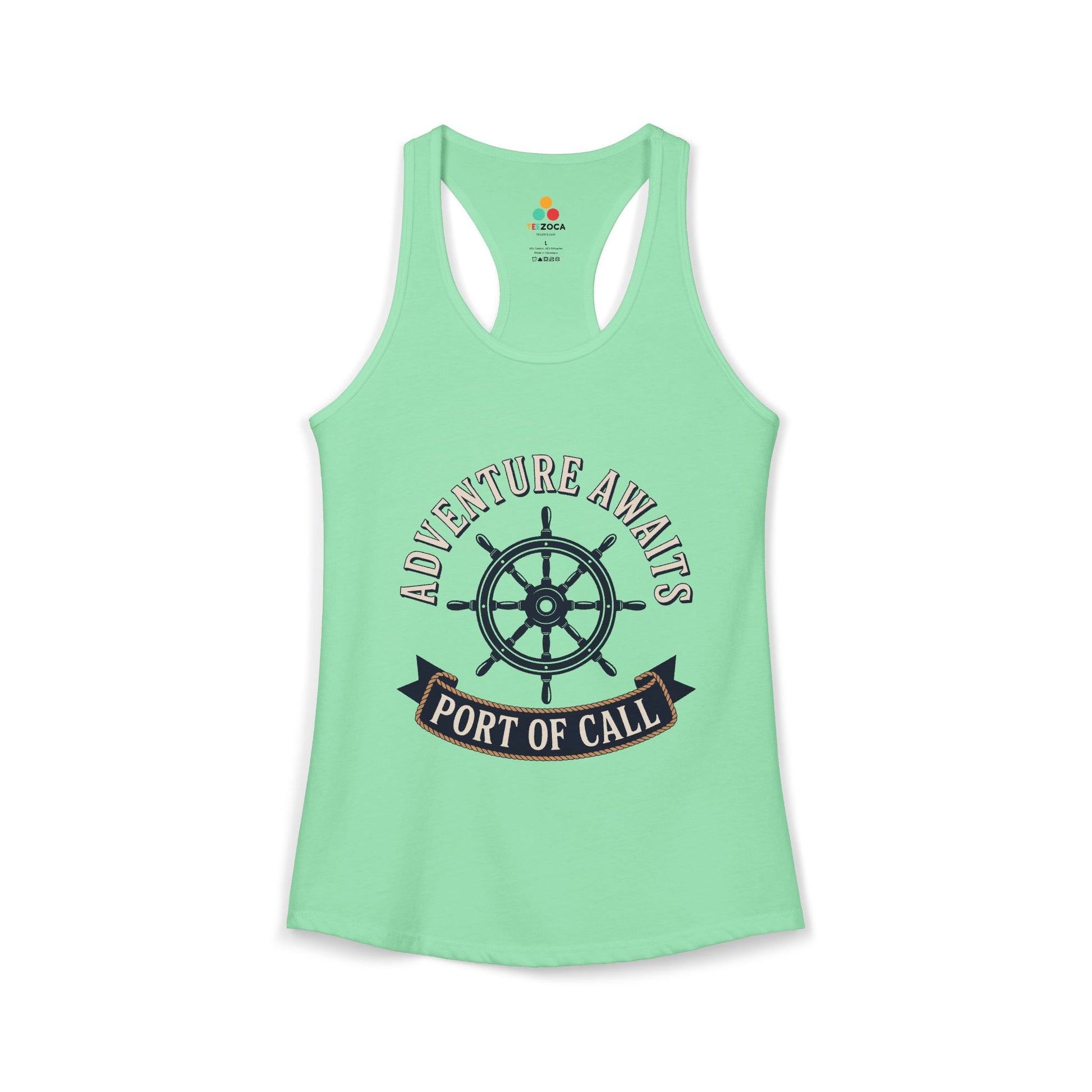 TEEZOCA women’s tank top nautical ship wheel adventure awaits travel theme Light green tank top with ship wheel graphic and text on a white background