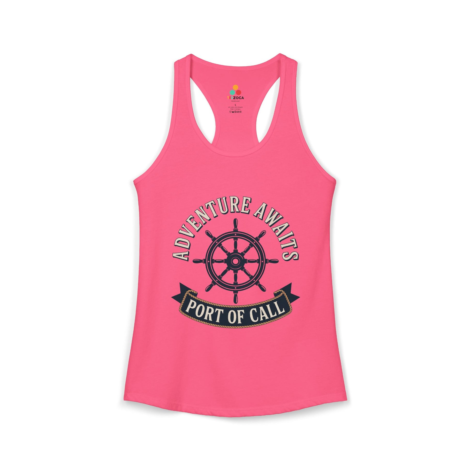 TEEZOCA women’s tank top nautical ship wheel adventure awaits travel theme Pink tank top with 'Adventure Awaits Port of Call' text and ship wheel design on a white background