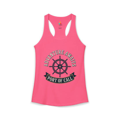 TEEZOCA women’s tank top nautical ship wheel adventure awaits travel theme Pink tank top with 'Adventure Awaits Port of Call' text and ship wheel design on a white background