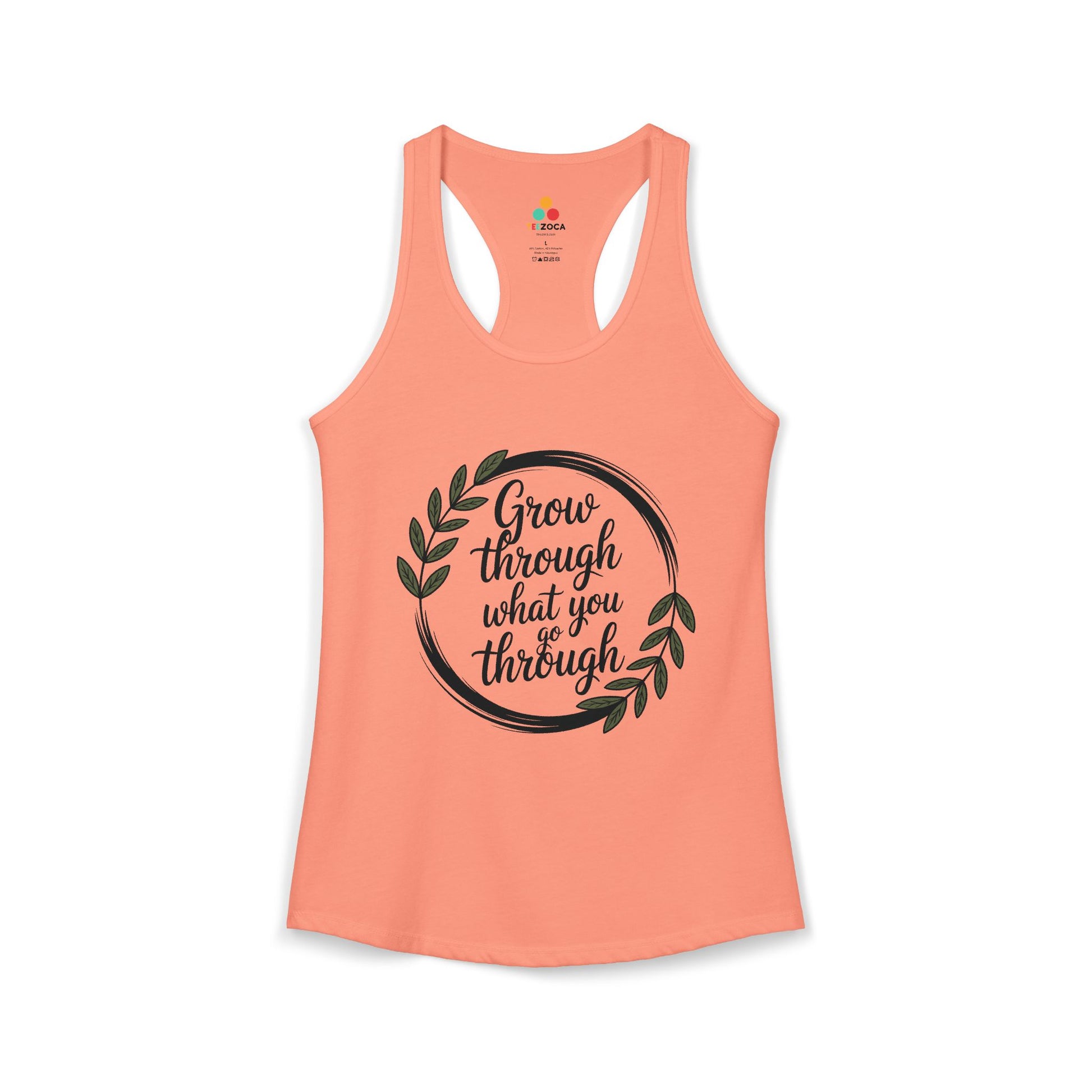 TEEZOCA women’s tank top showcasing nature-inspired self-growth quote design Coral tank top with motivational quote on a white background