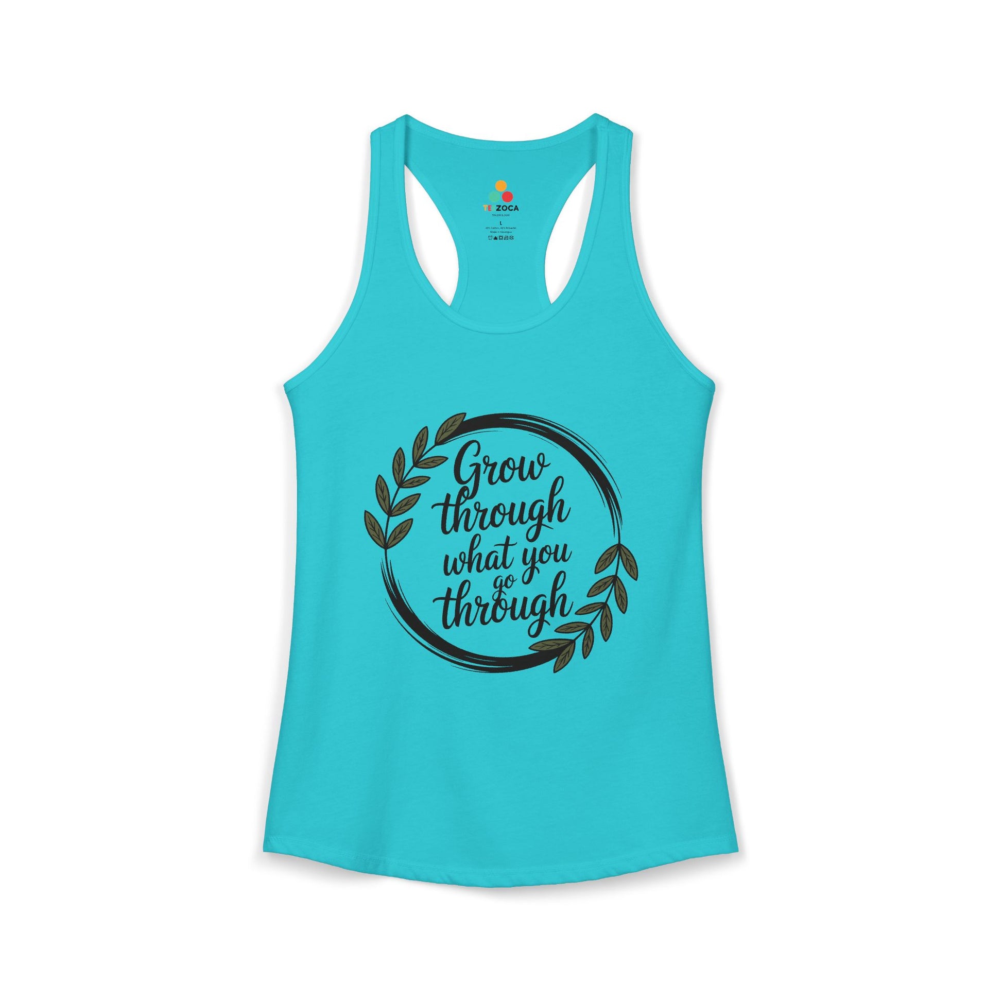 TEEZOCA women’s tank top showcasing nature-inspired self-growth quote design Turquoise tank top with motivational quote on a white background