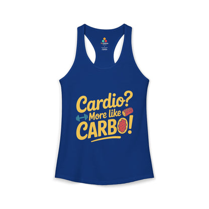 TEEZOCA women’s tank top showcasing playful workout humor text design Blue tank top with yellow and red text on a white background