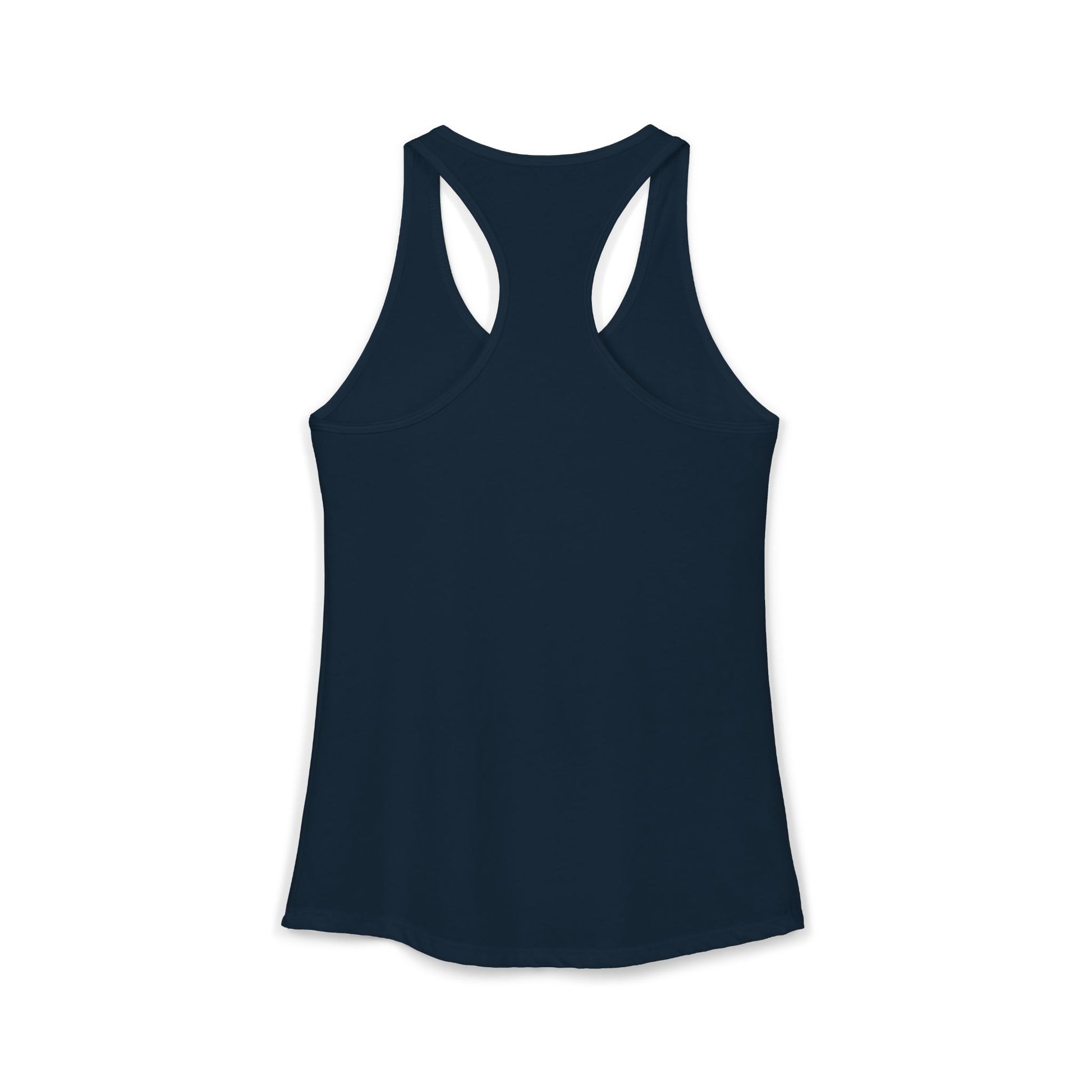 TEEZOCA women’s tank top showcasing playful workout humor text design Navy blue tank top on a white background