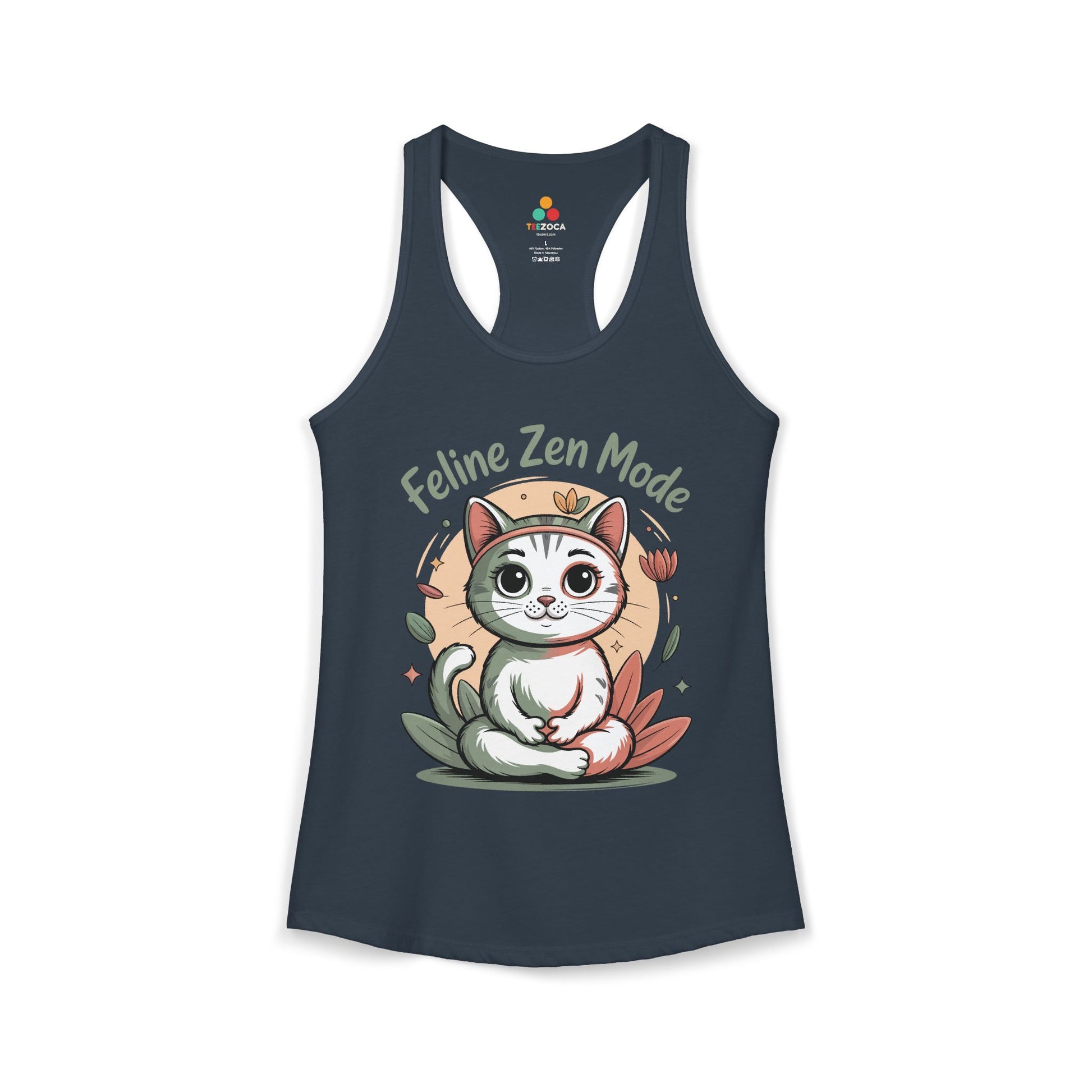 TEEZOCA women’s tank top showing adorable zen cat artwork, perfect for yoga, meditation, and casual wear Navy tank top with a cat graphic and 'Feline Zen Mode' text on a white background