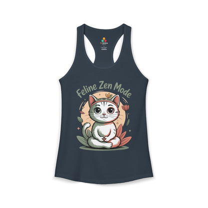 TEEZOCA women’s tank top showing adorable zen cat artwork, perfect for yoga, meditation, and casual wear Navy tank top with a cat graphic and 'Feline Zen Mode' text on a white background