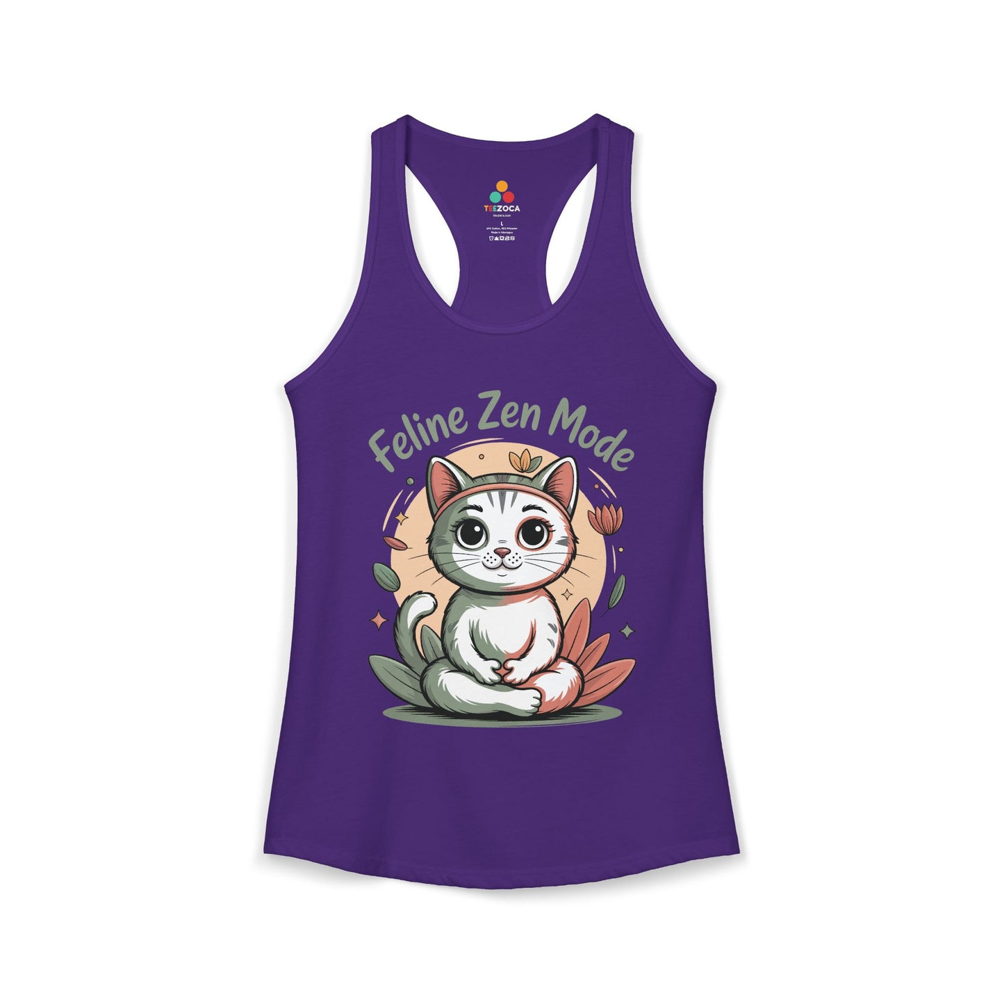 TEEZOCA women’s tank top showing adorable zen cat artwork, perfect for yoga, meditation, and casual wear Purple tank top with a cat graphic and 'Feline Zen Mode' text on a white background