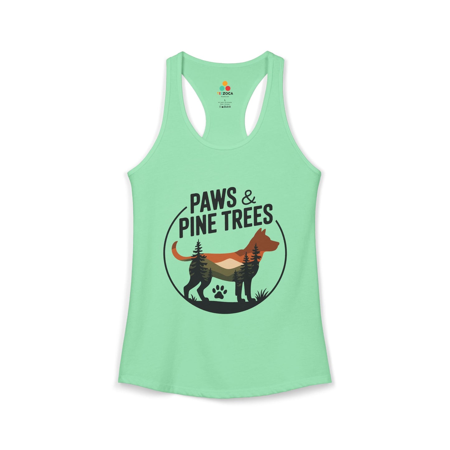 TEEZOCA women’s tank top showing outdoor dog artwork inspired by hiking, forests, and adventure Mint green tank top with 'Paws & Pine Trees' design on a white background