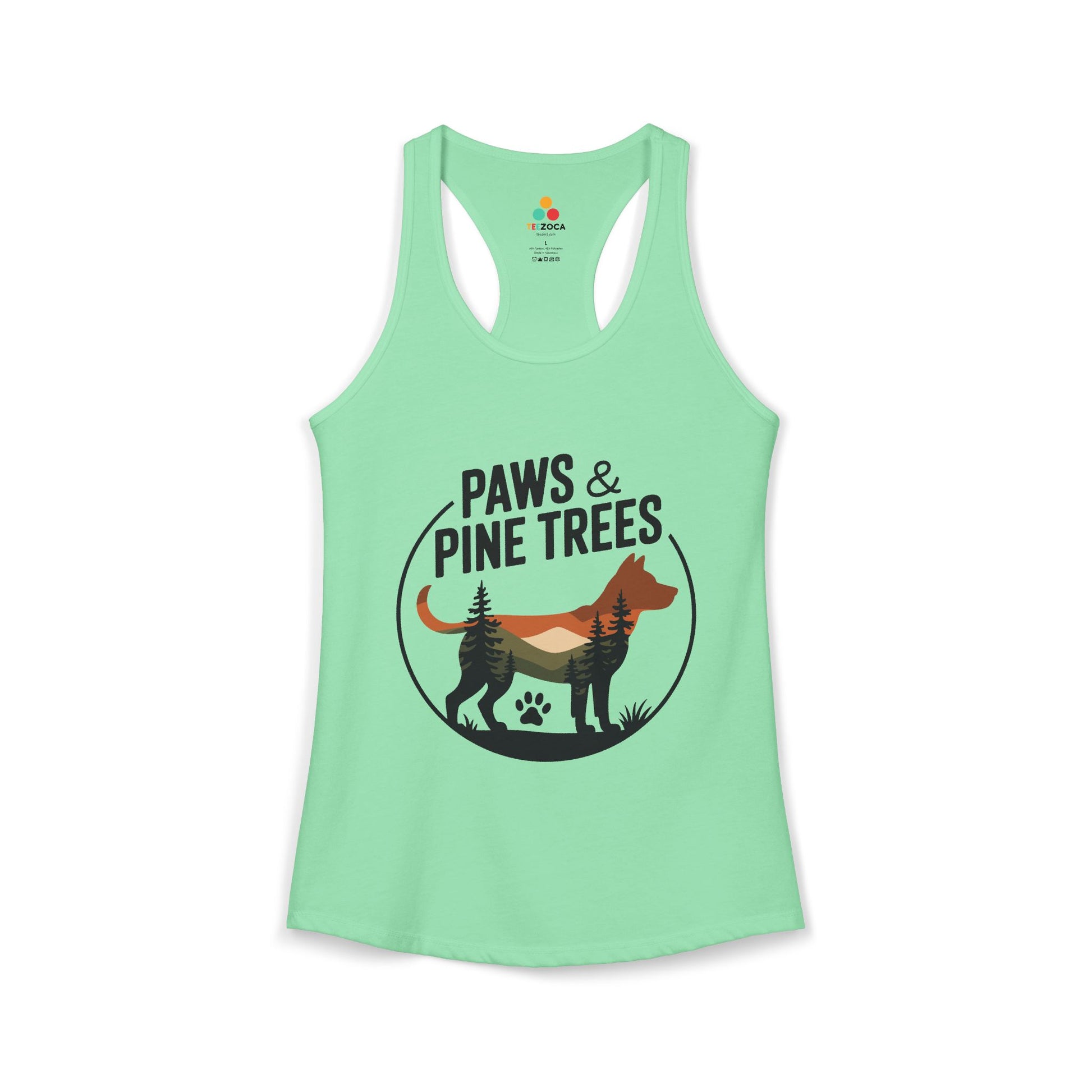 TEEZOCA women’s tank top showing outdoor dog artwork inspired by hiking, forests, and adventure Mint green tank top with 'Paws & Pine Trees' design on a white background