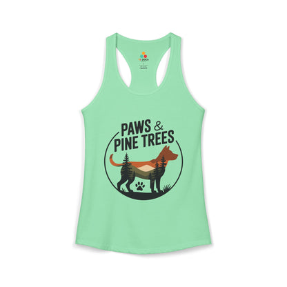 TEEZOCA women’s tank top showing outdoor dog artwork inspired by hiking, forests, and adventure Mint green tank top with 'Paws & Pine Trees' design on a white background