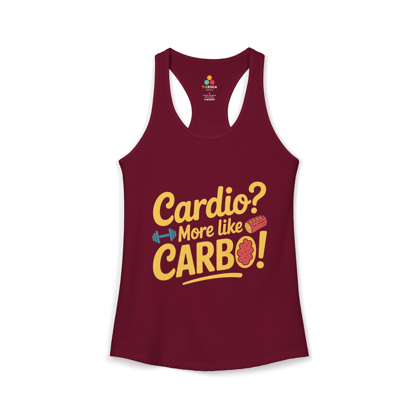 TEEZOCA women’s tank top with “Cardio? More Like Carbo!” funny fitness typography design Maroon tank top with yellow text on a white background
