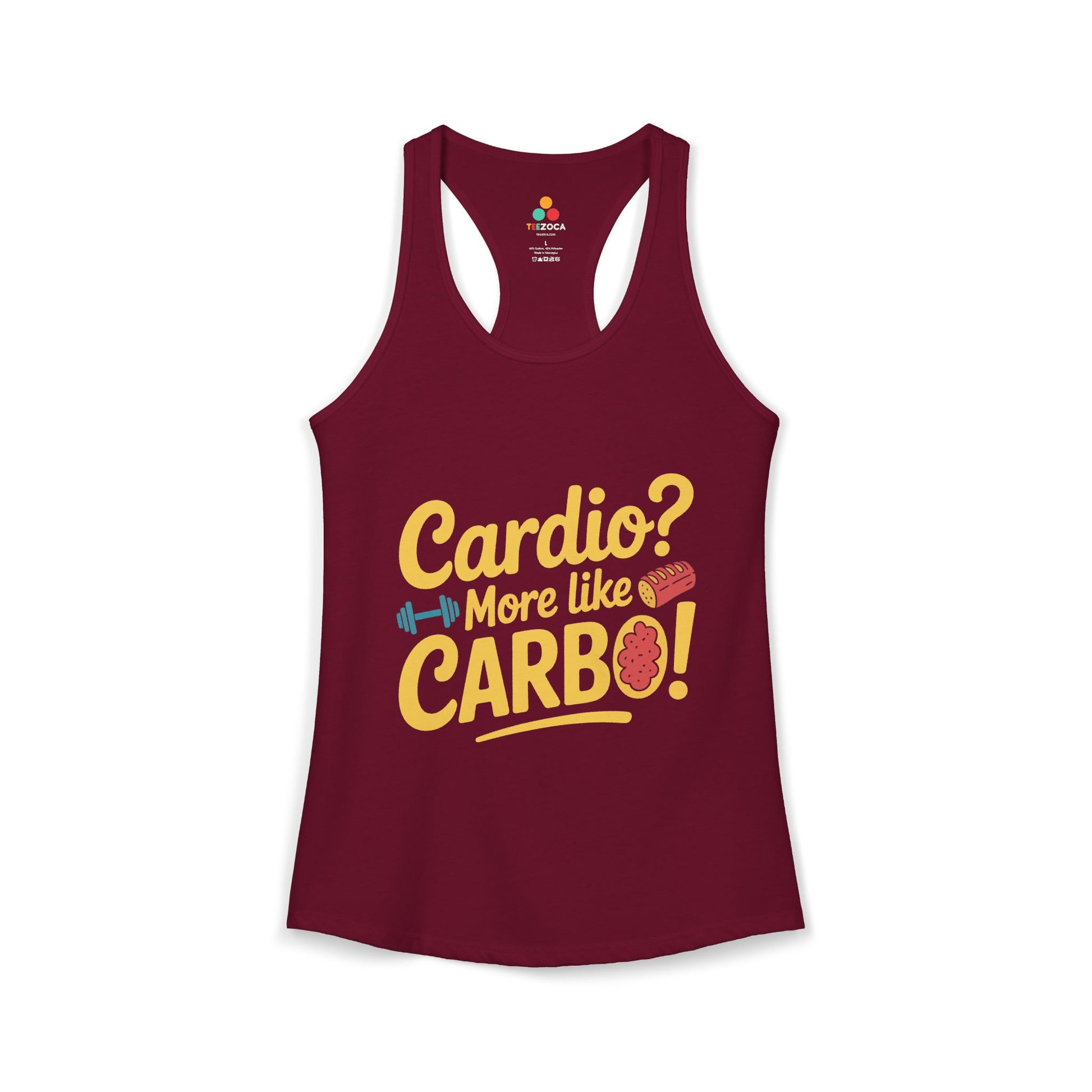 TEEZOCA women’s tank top with “Cardio? More Like Carbo!” funny fitness typography design Maroon tank top with yellow text on a white background