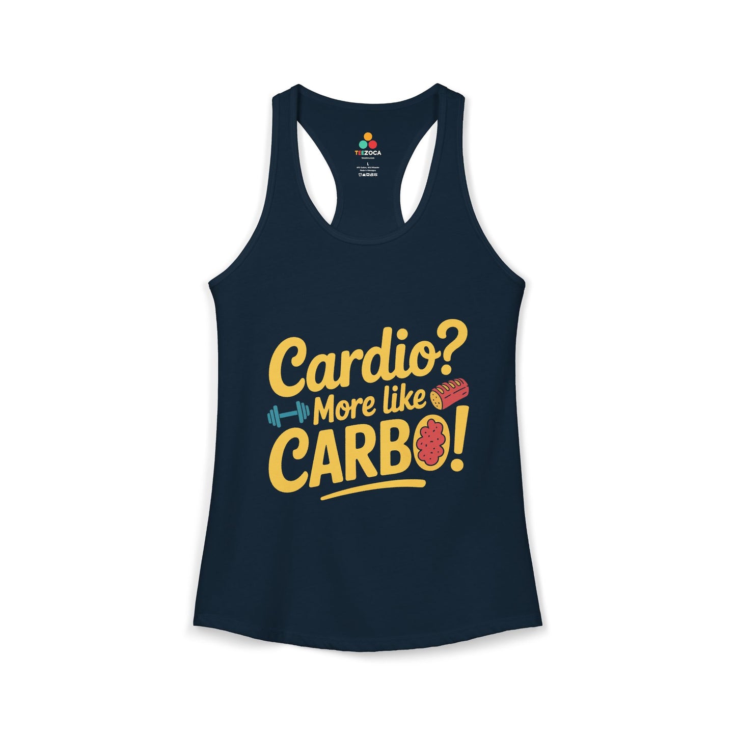 TEEZOCA women’s tank top with “Cardio? More Like Carbo!” funny fitness typography design Navy tank top with 'Cardio? More like CARBO!' text on a white background