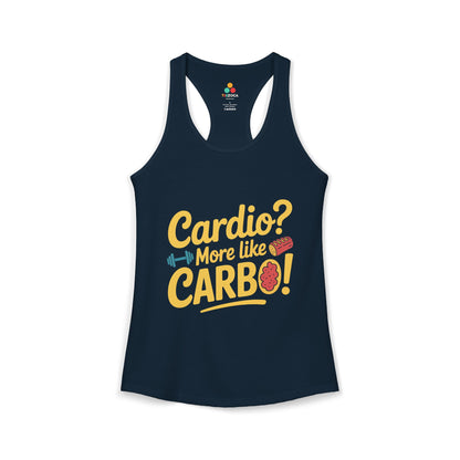 TEEZOCA women’s tank top with “Cardio? More Like Carbo!” funny fitness typography design Navy tank top with 'Cardio? More like CARBO!' text on a white background