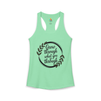 TEEZOCA women’s tank top with “Grow Through What You Go Through” inspirational botanical quote design