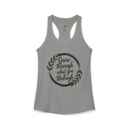 TEEZOCA women’s tank top with “Grow Through What You Go Through” inspirational botanical quote design Gray tank top with motivational quote on a white background