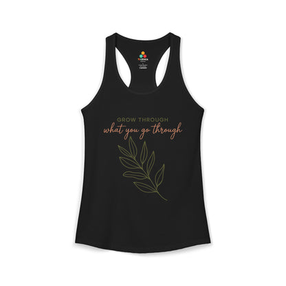 TEEZOCA women’s tank top with grow through what you go through leaf design Black tank top with motivational quote and leaf design on a white background