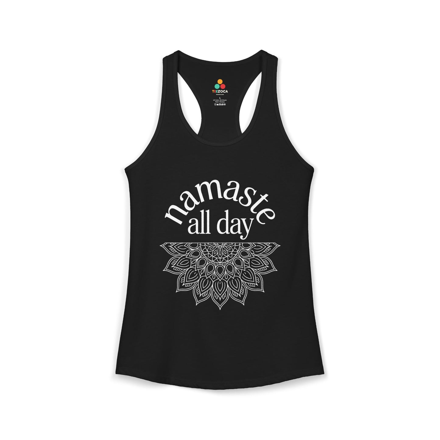 TEEZOCA women’s tank top with namaste all day mindfulness graphic Black tank top with 'namaste all day' text and mandala design on a white background