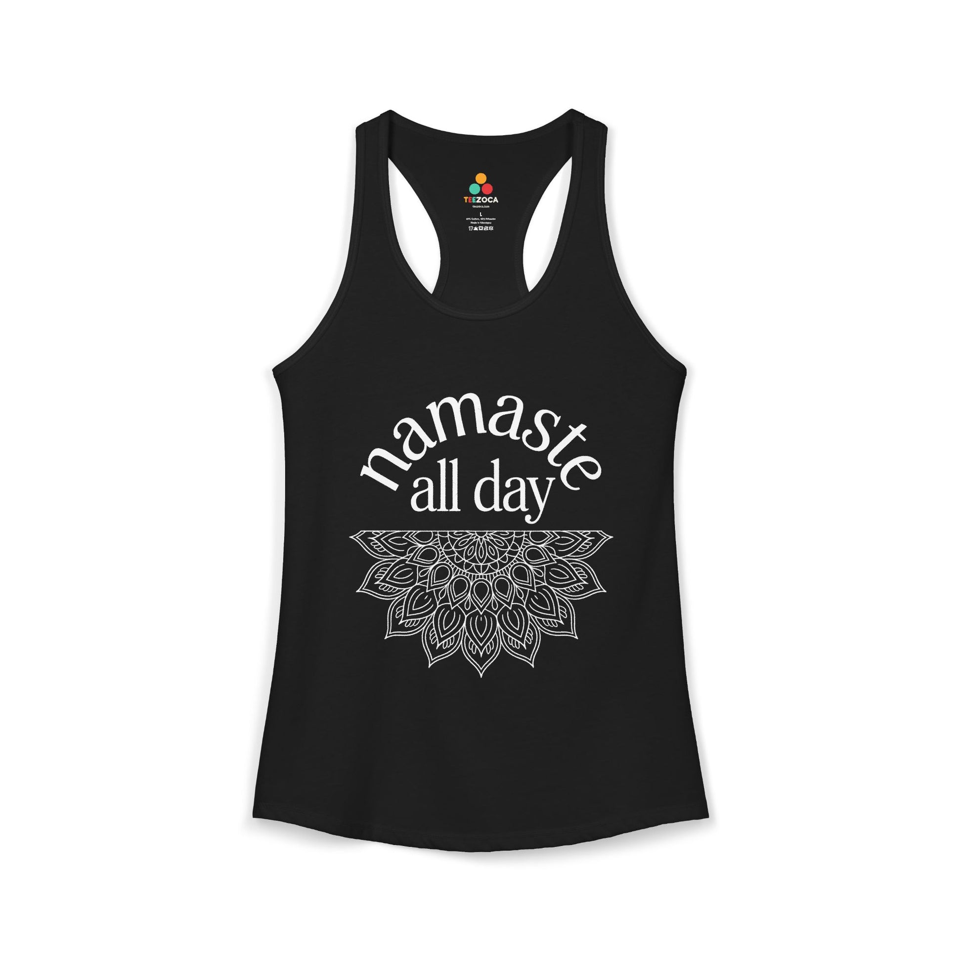 TEEZOCA women’s tank top with namaste all day mindfulness graphic Black tank top with 'namaste all day' text and mandala design on a white background