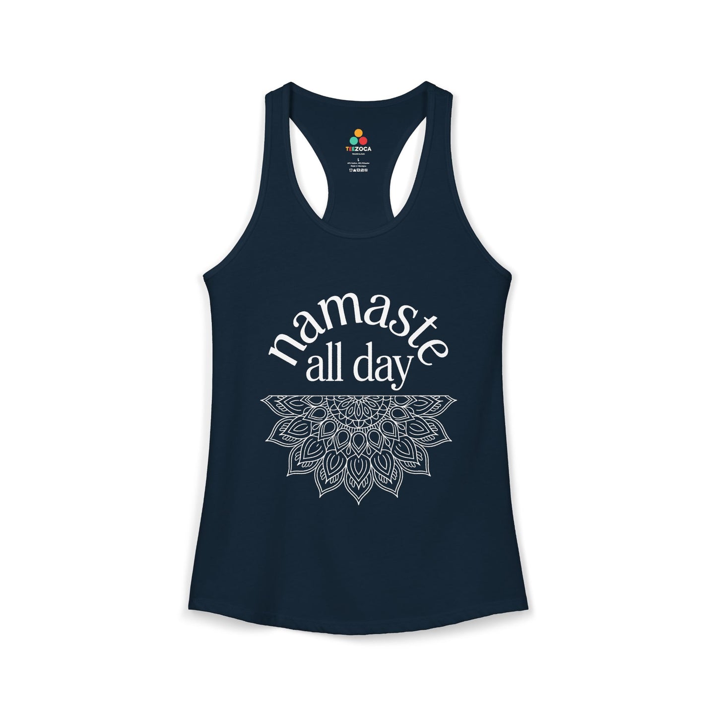 TEEZOCA women’s tank top with namaste all day mindfulness graphic Navy tank top with 'namaste all day' text and mandala design on a white background