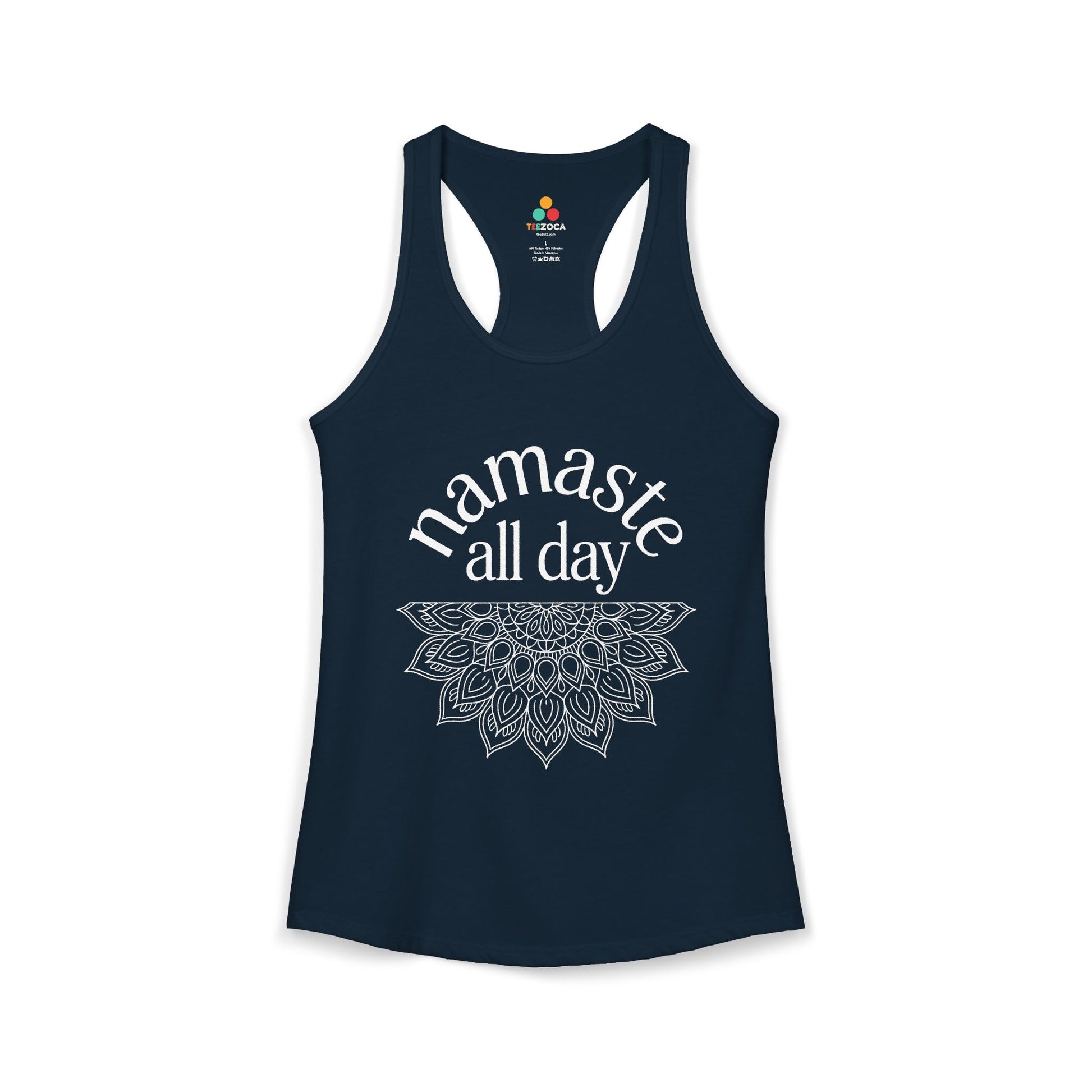 TEEZOCA women’s tank top with namaste all day mindfulness graphic Navy tank top with 'namaste all day' text and mandala design on a white background
