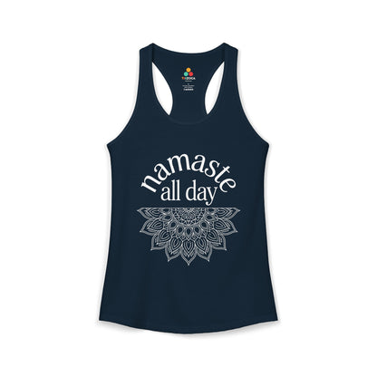 TEEZOCA women’s tank top with namaste all day mindfulness graphic Navy tank top with 'namaste all day' text and mandala design on a white background