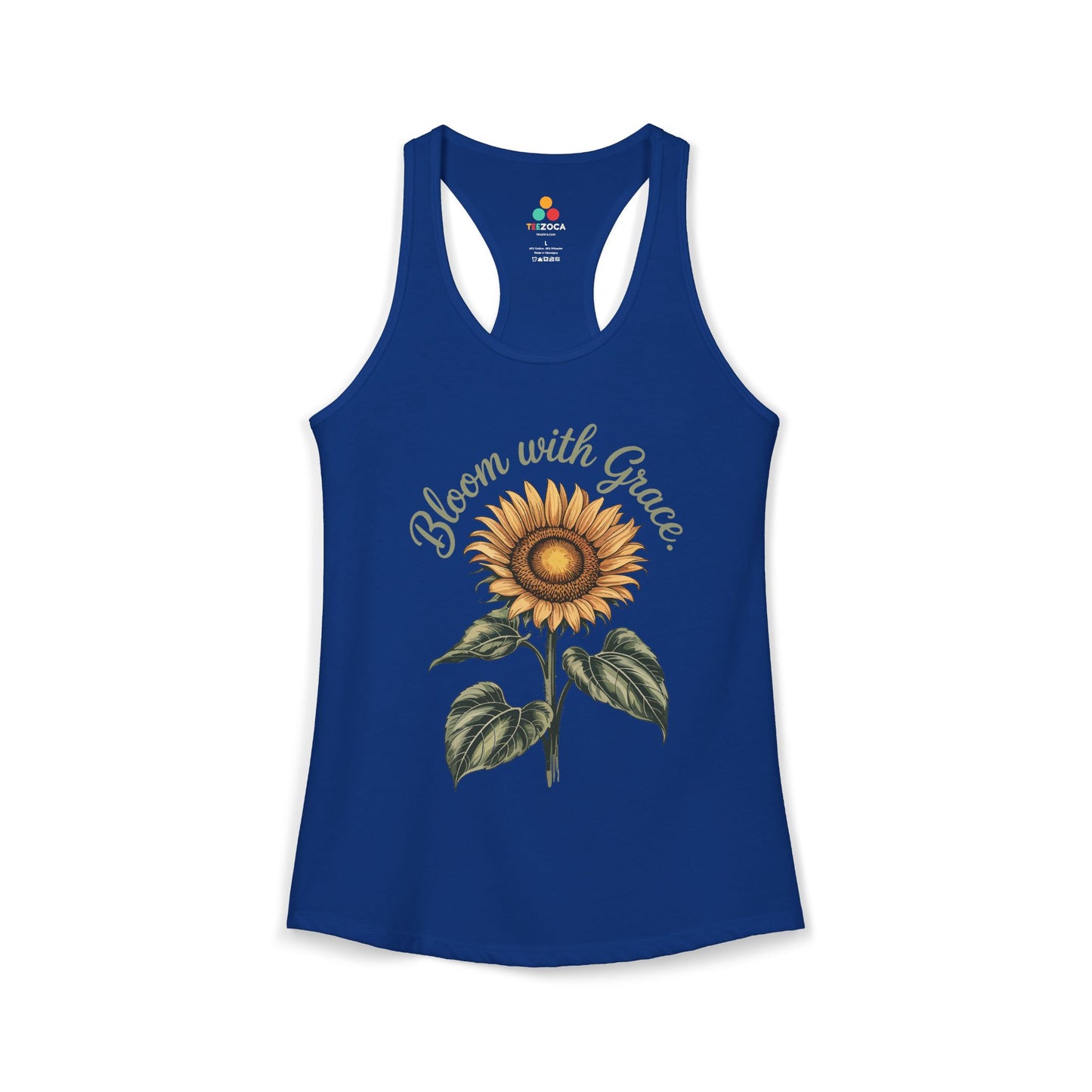 TEEZOCA women’s tank top with sunflower floral design and bloom with grace text Blue tank top with sunflower graphic and 'Bloom with Grace' text on a white background
