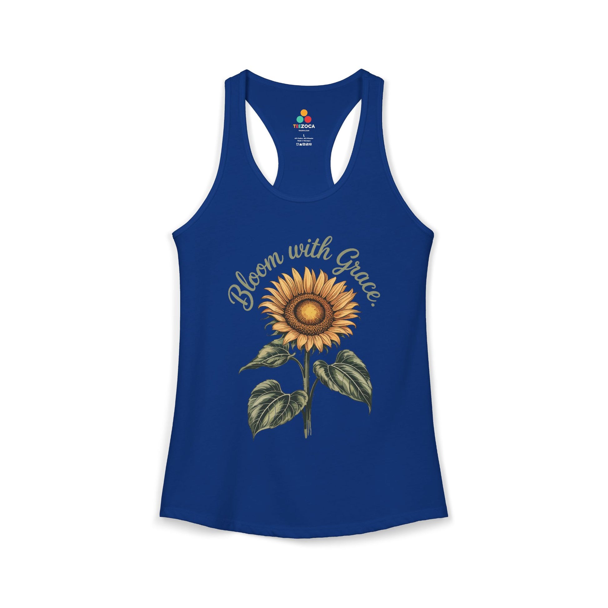 TEEZOCA women’s tank top with sunflower floral design and bloom with grace text Blue tank top with sunflower graphic and 'Bloom with Grace' text on a white background