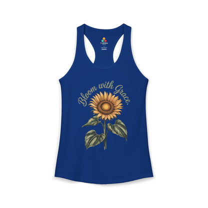 TEEZOCA women’s tank top with sunflower floral design and bloom with grace text Blue tank top with sunflower graphic and 'Bloom with Grace' text on a white background