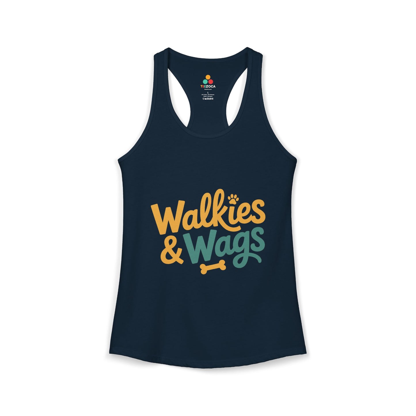 TEEZOCA women’s tank top with walkies and wags paw design Navy tank top with 'Walkies & Wags' text on a white background