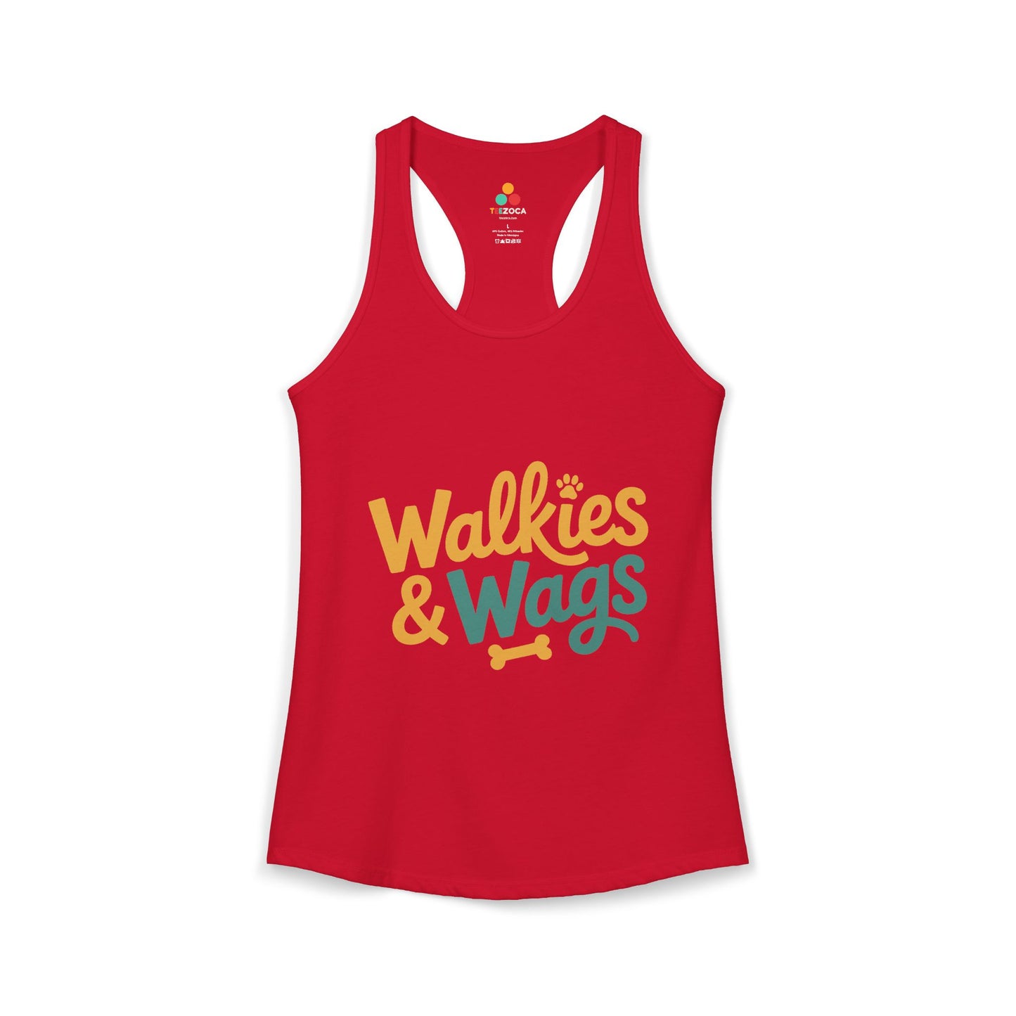 TEEZOCA women’s tank top with walkies and wags paw design Red tank top with 'Walkies & Wags' text on a white background
