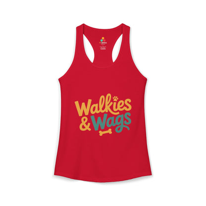 TEEZOCA women’s tank top with walkies and wags paw design Red tank top with 'Walkies & Wags' text on a white background