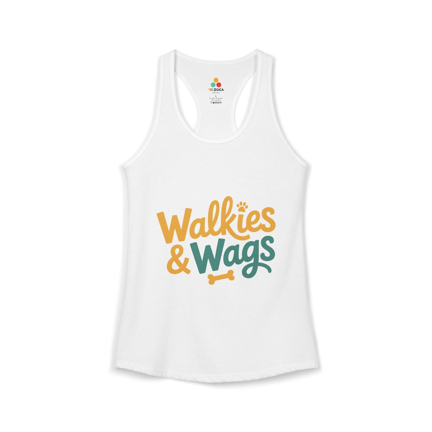 TEEZOCA women’s tank top with walkies and wags paw design White tank top with 'Walkies & Wags' text on a white background