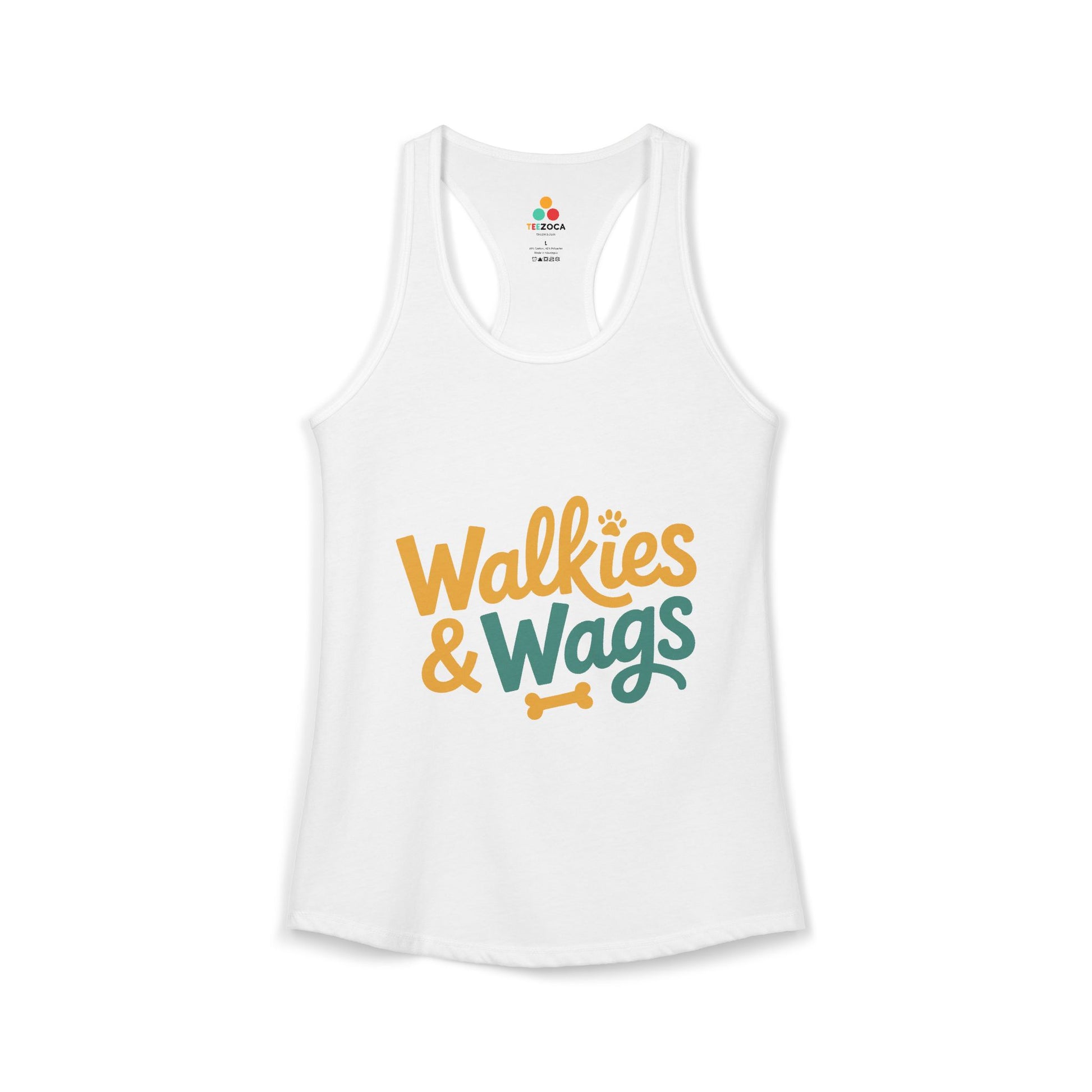 TEEZOCA women’s tank top with walkies and wags paw design White tank top with 'Walkies & Wags' text on a white background