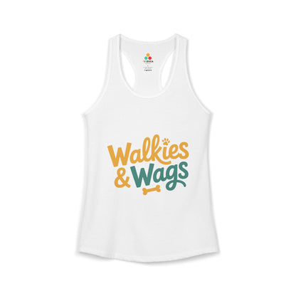 TEEZOCA women’s tank top with walkies and wags paw design White tank top with 'Walkies & Wags' text on a white background