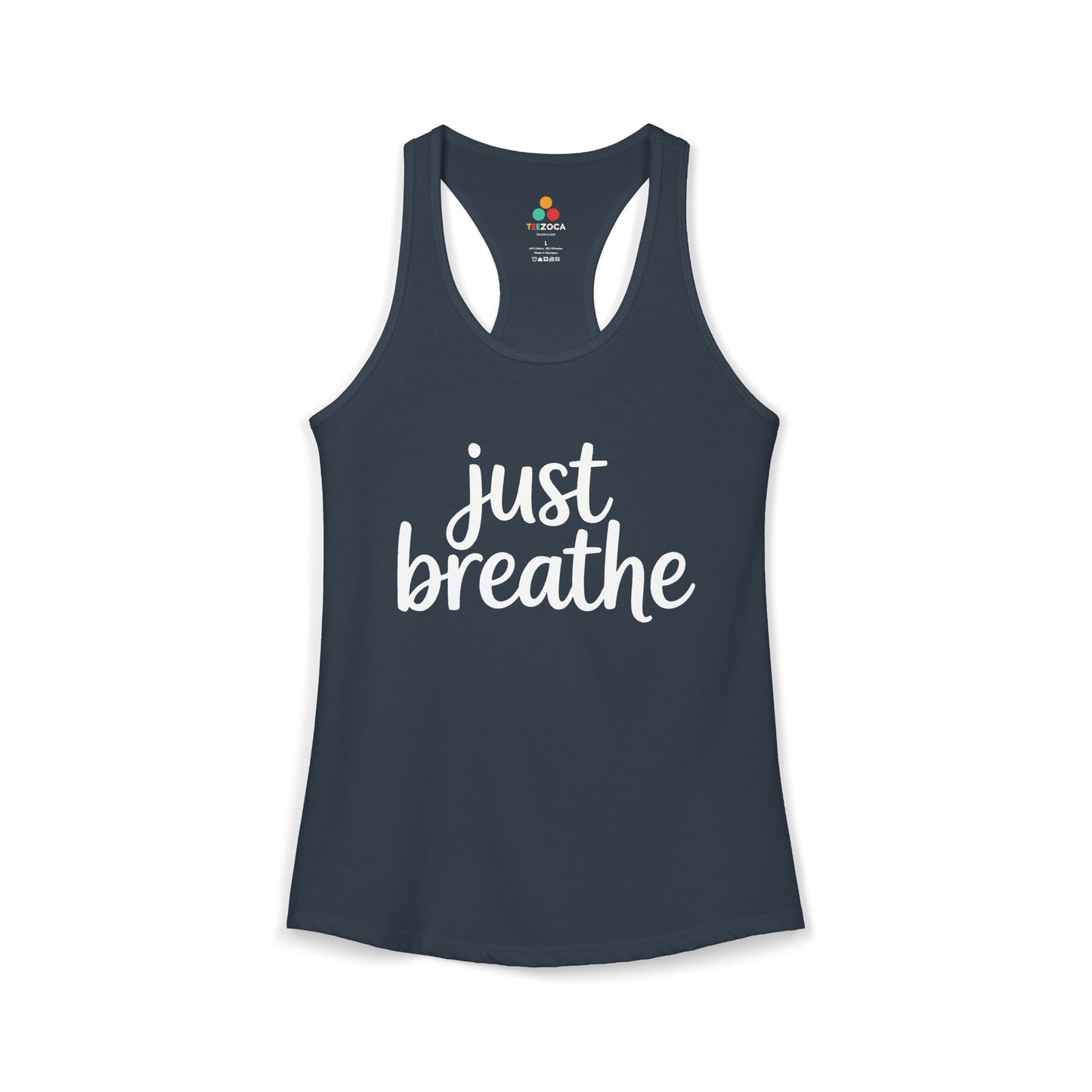 TEEZOCA women’s yoga tank top with calming mindfulness message Navy tank top with 'just breathe' text on a white background