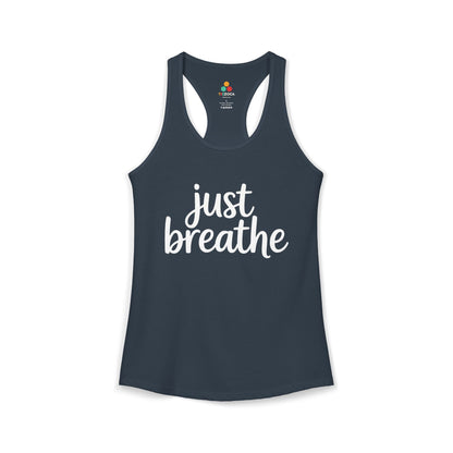TEEZOCA women’s yoga tank top with calming mindfulness message Navy tank top with 'just breathe' text on a white background