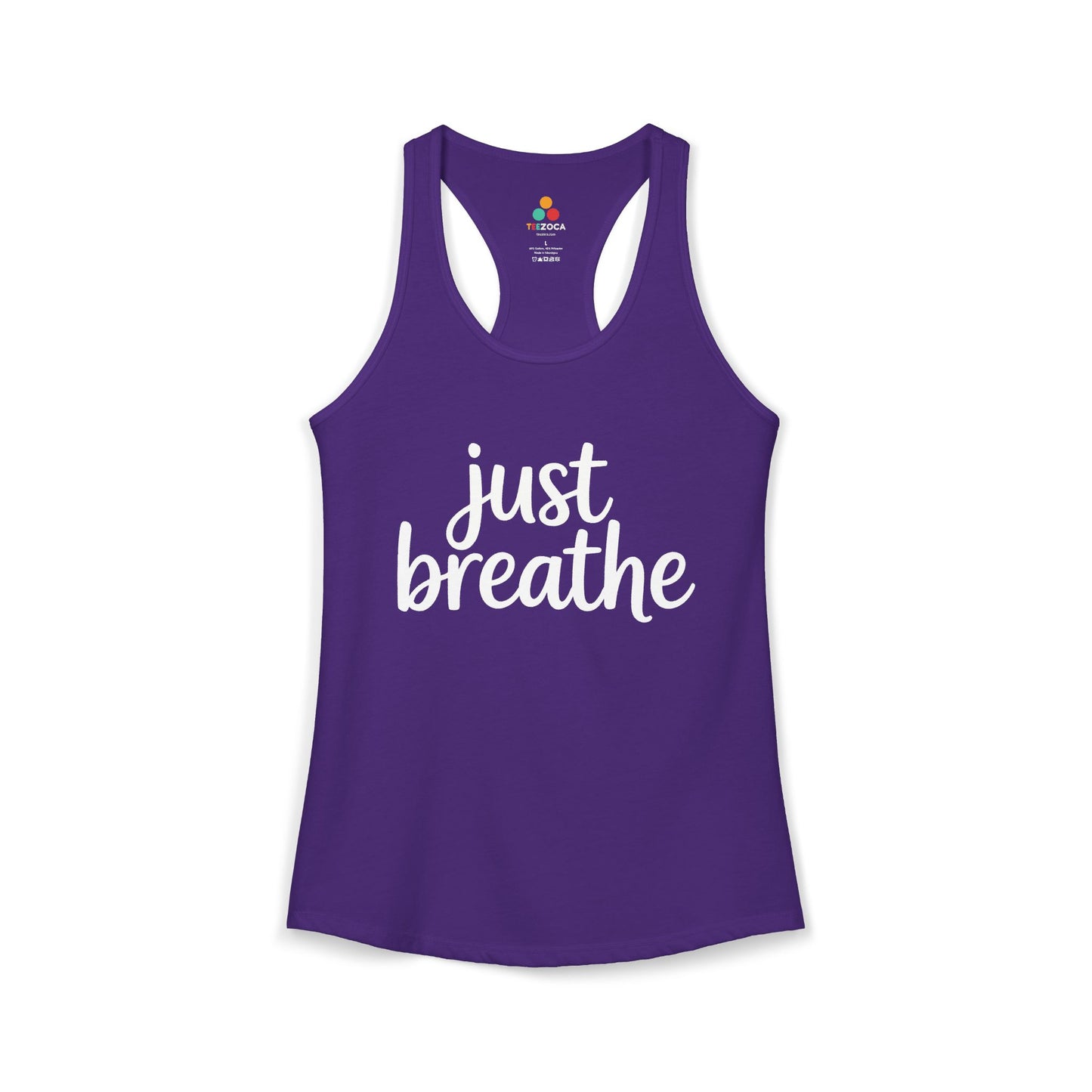 TEEZOCA women’s yoga tank top with calming mindfulness message Purple tank top with 'just breathe' text on a white background