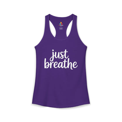 TEEZOCA women’s yoga tank top with calming mindfulness message Purple tank top with 'just breathe' text on a white background