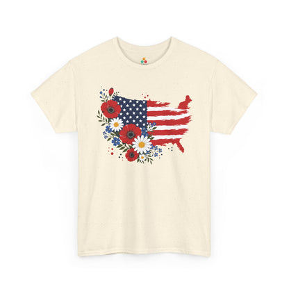 TEEZOCA womens 4th of july shirt with red white blue floral shirt styling, USA map silhouette, and American flag floral art.
