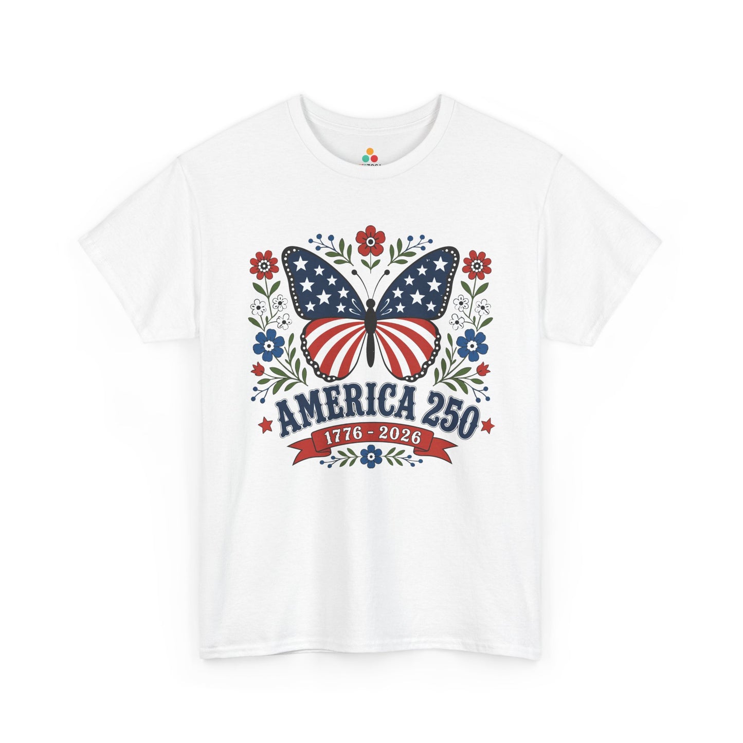 TEEZOCA womens butterfly t shirt with patriotic butterfly tee styling, America 250 text, and feminine wildflower artwork.