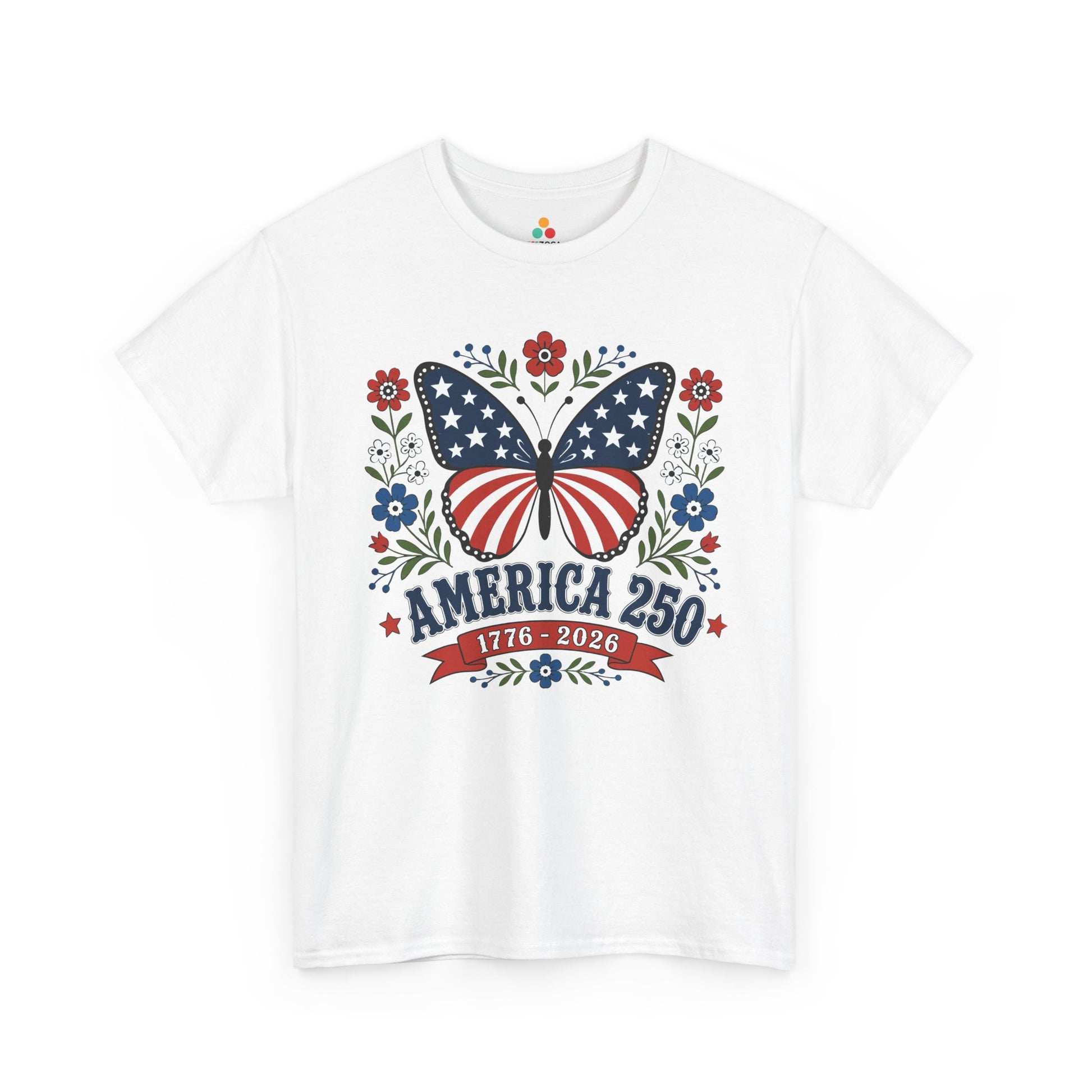 TEEZOCA womens butterfly t shirt with patriotic butterfly tee styling, America 250 text, and feminine wildflower artwork.